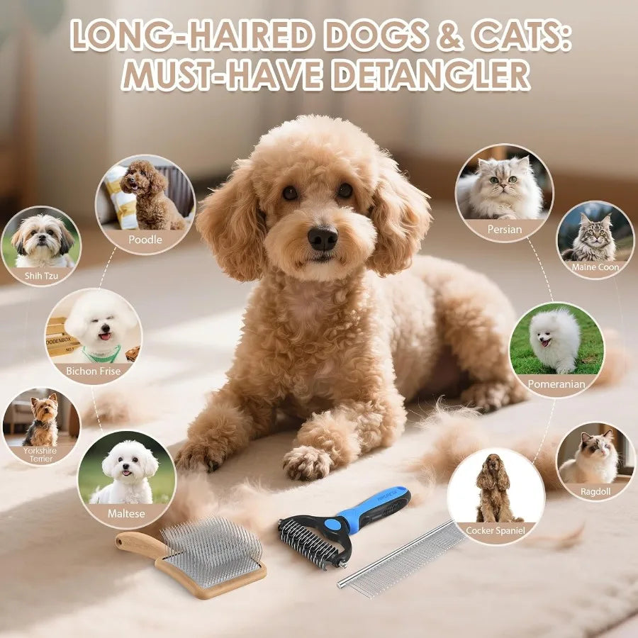 Large Slicker Brush for Dogs 3PC Pet Grooming Kit with Undercoat Rake and Stainless Steel Comb for Thick Coats Long Pins Effect