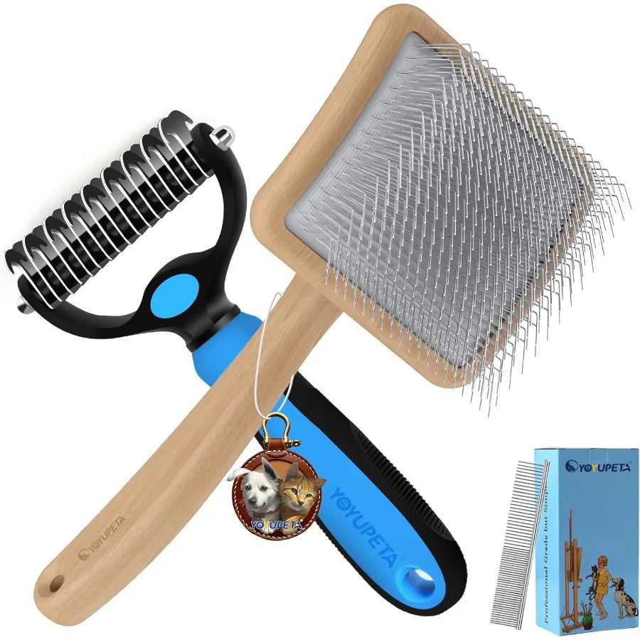 Large Slicker Brush for Dogs 3PC Pet Grooming Kit with Undercoat Rake and Stainless Steel Comb for Thick Coats Long Pins Effect